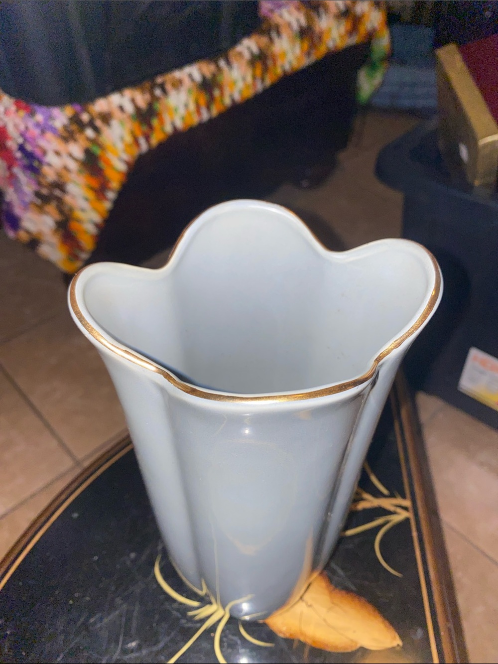 Vintage Fine China Vase Japan Gray White Lillies Butterfly Gold Trim - Picture 7 of 8